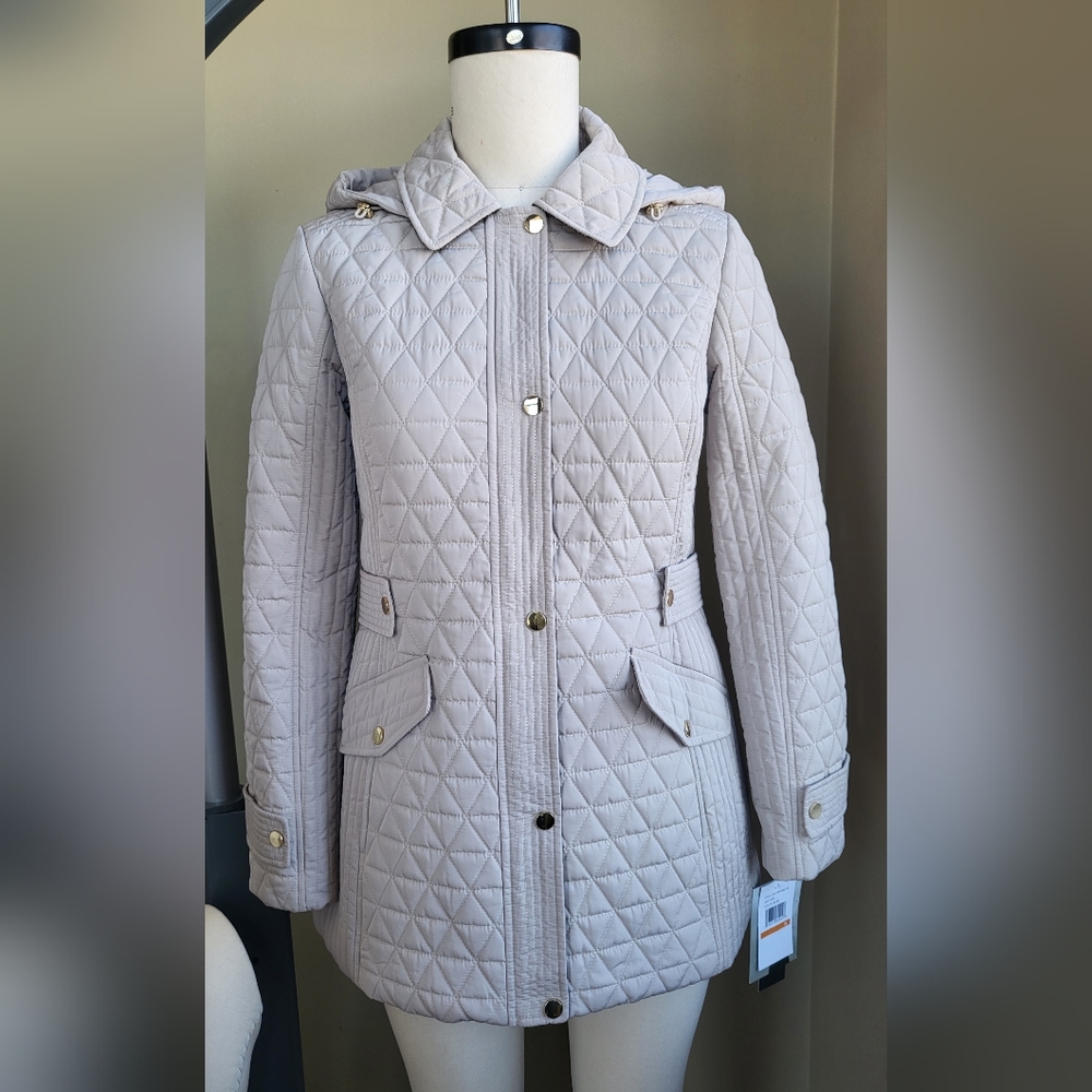 London Fog Removable Hooded Quilted Water Repellent Jacket Size S Taupe color